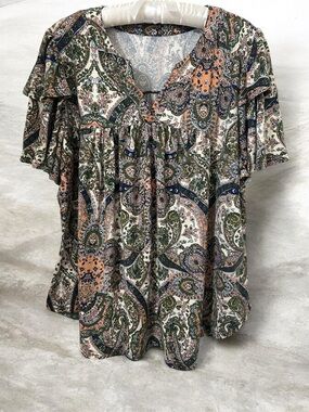 - SOLD - Paisley V-Neck Ruffle Sleeve Blouse - Green Multi